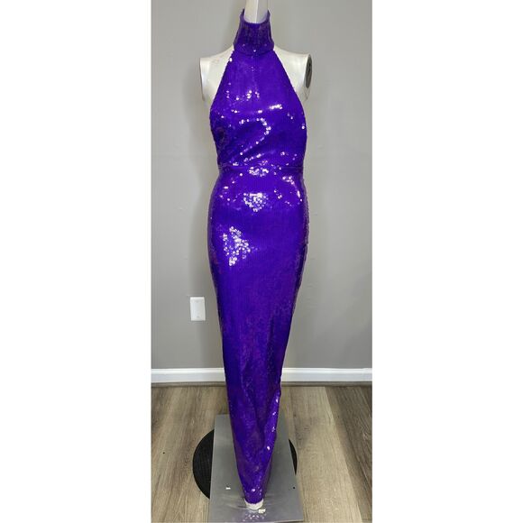 NWT LaQuan Smith Halter Open Back Sequin Bodycon Maxi Gown Grape Large $2550 - Picture 7 of 12